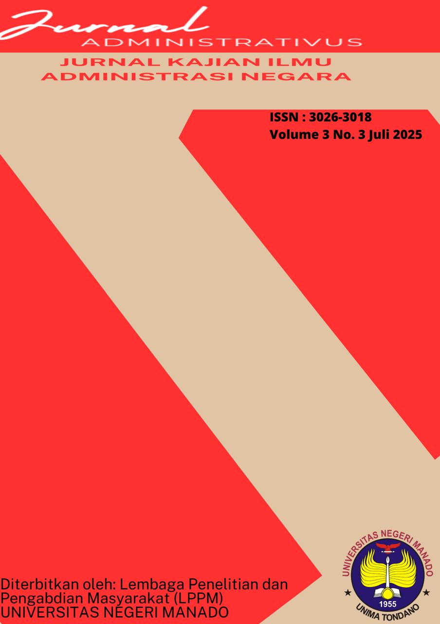 					View Vol. 3 No. 3 (2025):  Jurnal Administrativus Vol 3 No 3, E-ISSN 3026-3018 Ã‚Â© Tahun IAN FISH UNIMA. All right reserved ISSN
				