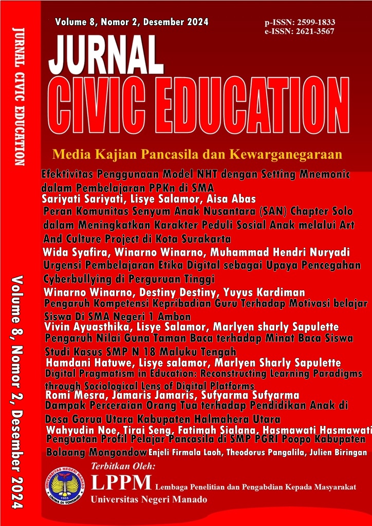 					View Vol. 8 No. 2 (2024): Desember 2024, Jurnal Civic Education: Media Kajian Pancasila dan Kewarganegaraan (JCE)
				